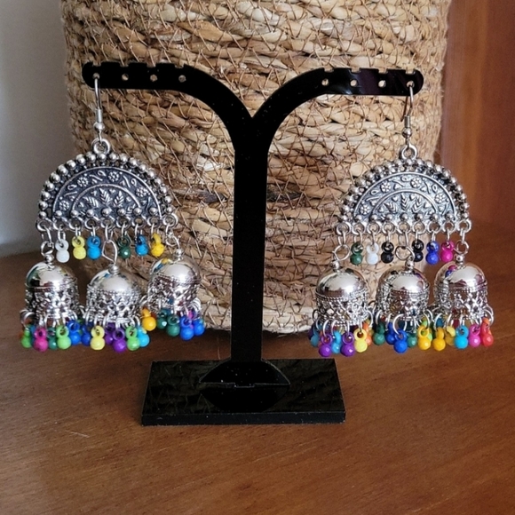 Fun Festival Earrings, Large Beaded Jhumka - Picture 2 of 3